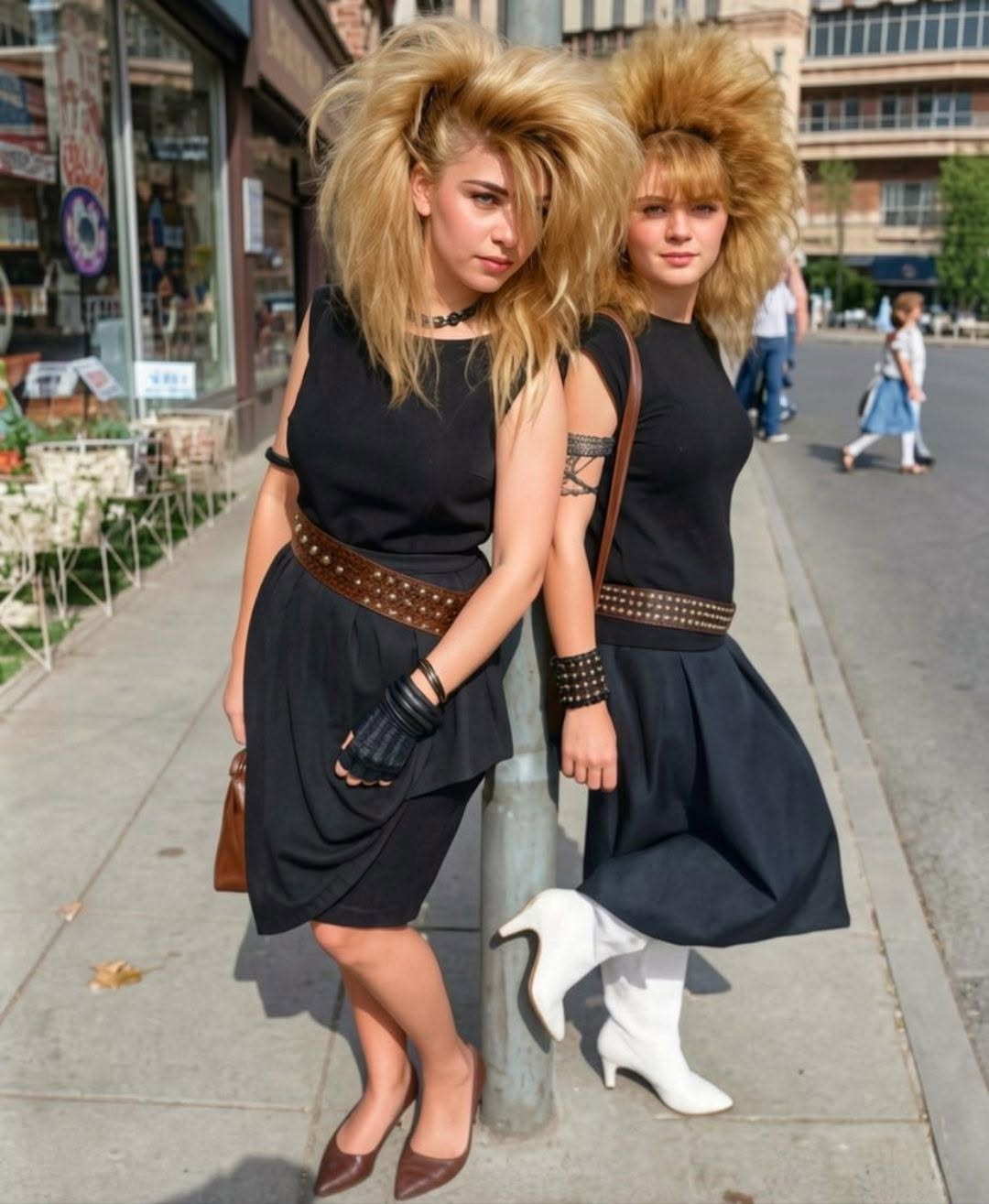 Two women with big 80s hair on a city street
